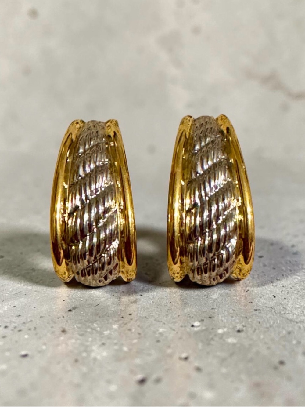 Vintage Large Gold and Silver Two-Tone Textured Hugg Hoop Clip-On Earrings